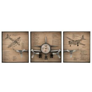 3 dřevěné nástěnné desky s hodinami a 3D letadlem - 207*12*75 cm