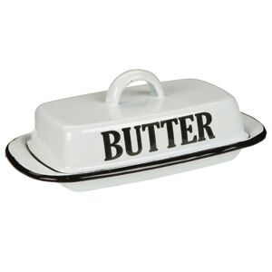 Bílá smaltovaná máslenka s nápisem Butter - 21*13*8cm Ambiente