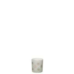 Bílý skleněný svícen na čajovou svíčku se zlatými hvězdičkami- 7,3*7,3*8 cm