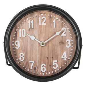Černé kovové stolní hodiny s dřevěným dekorem - 20*6*20 cm / 1*AA Clayre & Eef