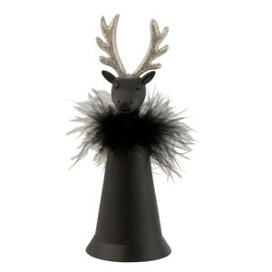 Černý plechový zvonek s peříčky a hlavou jelena - Ø 7*18 cm