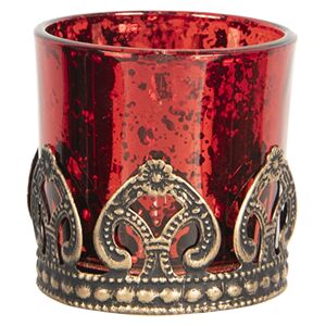 Červený skleněný svícen na čajovou svíčku s kovovým zdobením -Ø  5*5 cm
