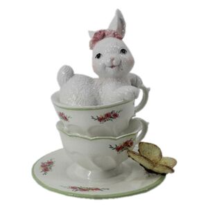 Dekorace bílé králičí slečny v porcelánových šálcích s motýlem - 12*12*15 cm