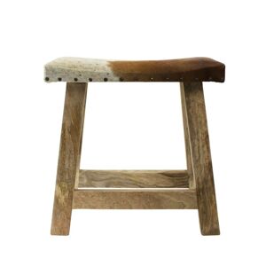 Dřevěná stolička s koženým sedákem Cowny bílá/hnědá - 45*26*46cm