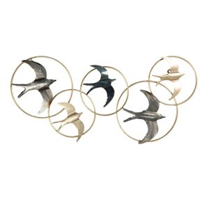 Kovová nástěnná dekorace s ptáky ve zlatých kruzích - 84*3*42 cm