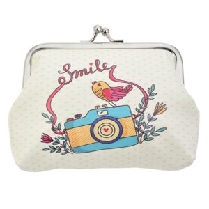 Malá barevná peněženka s malovaným ptáčkem a fotoaparátem  9*12 cm