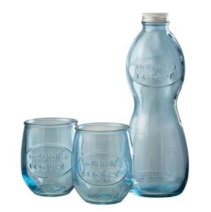 Modrá skleněná láhev a 2skleničky Natural - Ø 10*26cm