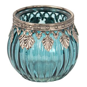 Modrý skleněný svícen na čajovou svíčku s kovovým lemem- Ø 6*5 cm Clayre & Eef