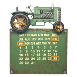 Nástěnný kovový zelený kalendář s traktorem - 34*28*6 cm