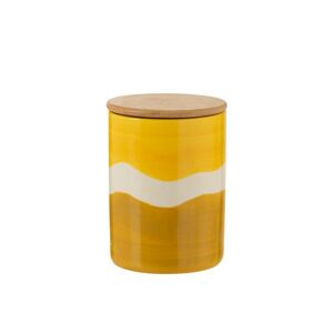 Porcelánová skladovací dóza s dřevěným víkem Wave v odstínech žluté - Ø 11,3*15,5 cm