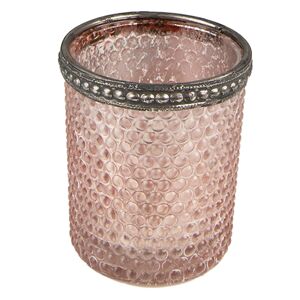 Růžový skleněný svícen na čajovou svíčku se zdobným okrajem - Ø 6*6 cm Clayre & Eef