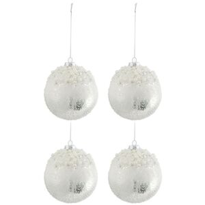 Sada 4 vánočních koulí ve stříbrno-bílé s perličkami - Ø10*10 cm