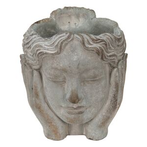 Šedý cementový květináč hlava dívky v dlaních - 14*16*17 cm Clayre & Eef