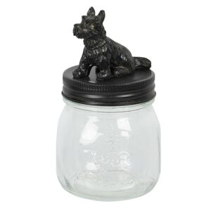 Skleněná dóza s černým víčkem s dekorací psa – 	Ø 8*14 cm