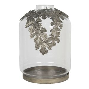 Skleněná lucerna s kovovou dekorací listů – 	Ø 28*40 cm