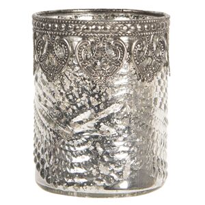 Skleněný stříbrný svícen na čajovou svíčku s kovovým zdobením - Ø  7*8 cm