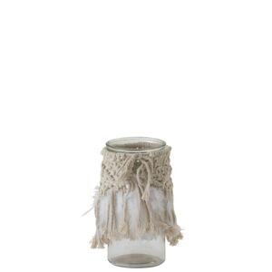 Skleněný svícen Macrame na čajovou svíčku s béžovými provázky a peříčky- Ø 10*20 cm