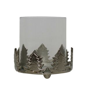 Skleněný svícen se stříbrnými dekoracemi borovic - Ø 15,5*15cm