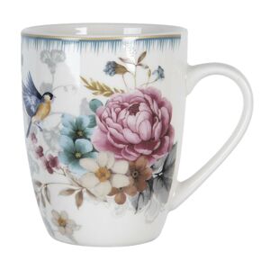 Velký porcelánový hrnek s motivem květin a ptáčka Pivoine - 12*8*10 cm / 0,36 l