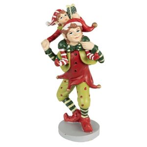Zeleno - červená vánoční dekorace socha Elf - 12*9*19 cm Clayre & Eef