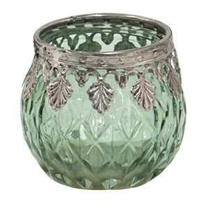 Zelený skleněný svícen na čajovou svíčku s kovovým lemem - Ø 6*5 cm Clayre & Eef