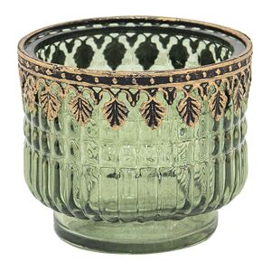 Zelený skleněný svícen na čajovou svíčku s kovovým lemem - Ø 9*8 cm Clayre & Eef