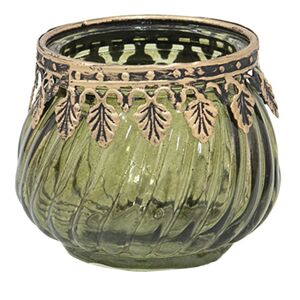 Zelený skleněný svícen na čajovou svíčku s kovovým lemem - Ø8*6 cm Clayre & Eef